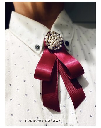 Brosza / Krawat w kolorze burgund z perłami NEW, Pudrowy Różowy