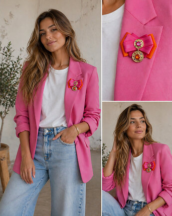 Brosza z Kolekcji COLOR z kryształami zatopionymi w złotych okręgach, Pudrowy Różowy