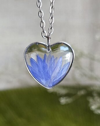 Wieczne kwiaty srebrny wisiorek prawdziwe kwiaty serce serduszko chaber chabry, zkwiatem