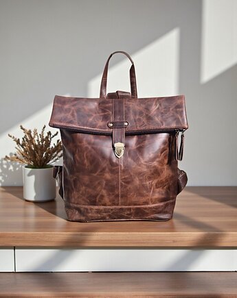 Plecak skórzany brązowy Tanvi vintage ciekawy kształt, SempreArte