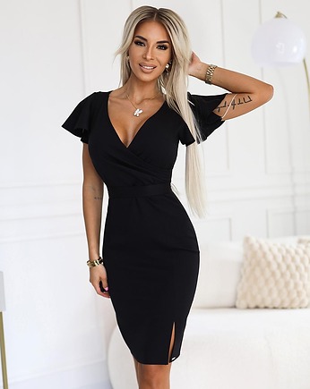 479-9 NINA elegancka sukienka z kopertowym dekoltem i paskiem - czarna, NUMOCO