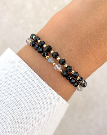 Bransoletki na gumce - czarny turmalin, labradoryt, kryształ górski, Bring Biżuteria