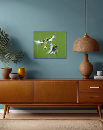 Obraz "Czyżyki - walka" z serii "Małe ptaszki", akryl na płótnie, Lenka Kubica