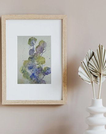 WYPRZEDAŻ SZTUKI! Akwarela Kwiaty oryginalny obraz niebieski papier 10,5x22 cm, Kwitnace
