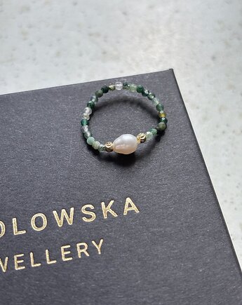 Pierścionek elastyczny Agat zielony i Perła, Chmolowska Jewellery