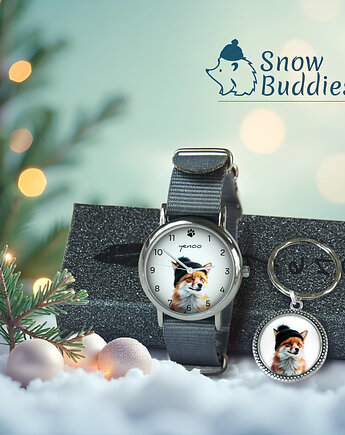 Zestaw prezentowy - Lisek - zegarek i brelok - nylonowy, szary, yenoo