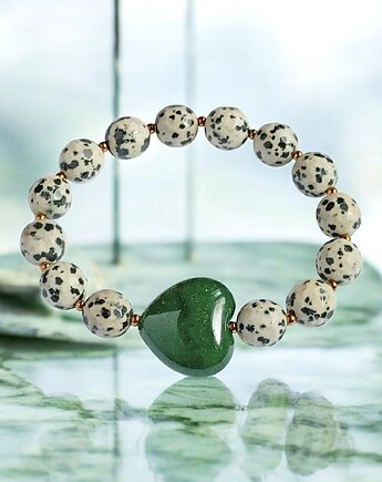 Jaspis dalmatyński i serce : ciemna zieleń : bransoletka na gumce, kaktusia