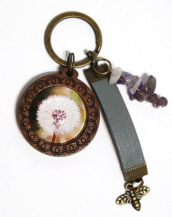 Breloczek - Dmuchawiec, rzemień, ametyst - drewniany, yenoo