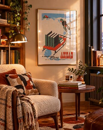 PLAKAT zimowy czytanie książek prezent dekoracja biblioteki książki, black dot studio