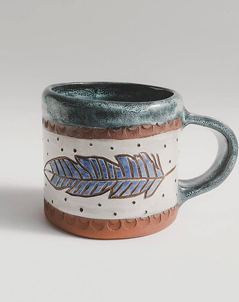 Niebieski Kubek Indiański Szamański Z Piórami 250ml, Jira Ceramics