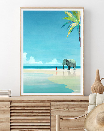 Plakat Egzotyczne wakacje - lazurowa plaża ze słoniem, minimalmill