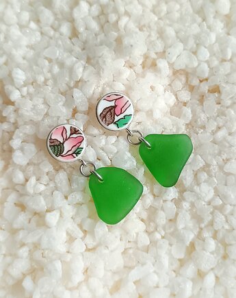 Kolczyki ceramiczne w kwiaty + szkło z morza, biżuteria z talerzy