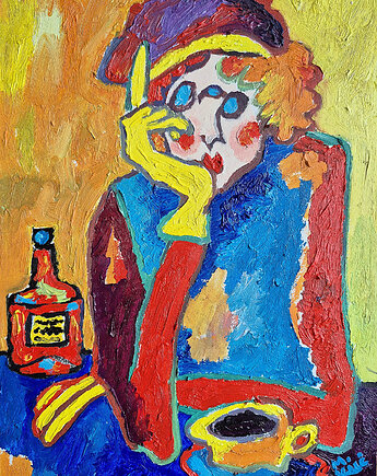 Obraz ręcznie malowany kolorowy obraz kawa i cisza, alice oil on canvas