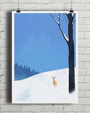 Zima w lesie / Sarna na śniegu - plakat fine art, minimalmill