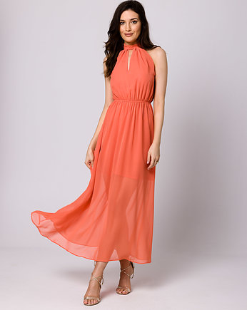 Sukienka szyfonowa maxi wiązana wokół szyi-pomarańczowa(K-169), MAKOVER