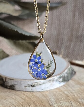 Złoty wisiorek prawdziwe kwiaty zawieszka łezka łza niezapominajki, zkwiatem