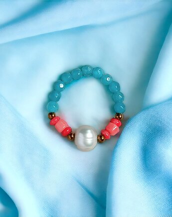 Pierścionek : summer : perła, koral, jadeit, kaktusia