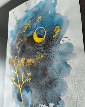 Złoto akwarele 30x42 abstrakcja szlagmetal folia Golden noc kosmos, kkjustpaint Karolina Kamińska