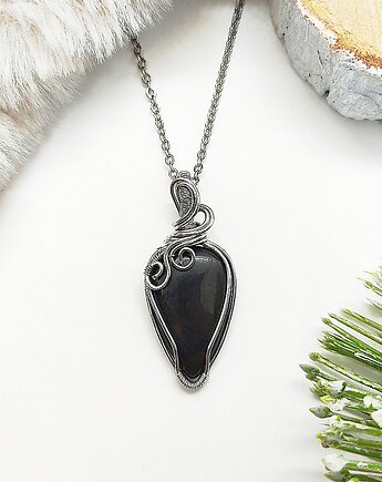 Naszyjnik Obsydian Złocisty stal chirurgiczna wisiorek handmade wirewrapping, byNostawen