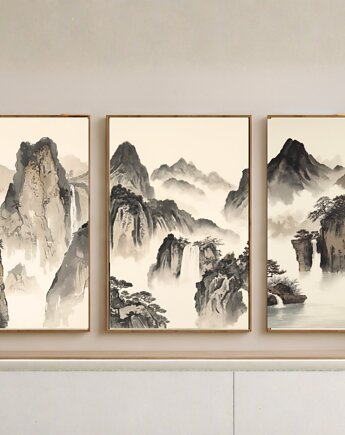 3 PLAKATY góry, krajobraz górski Japonii, japandi galeria ścienna, black dot studio