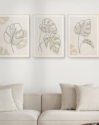 Zestaw 3 stylowych plakatów w stylu Boho, rośliny, monstera, line art., Grawisfera