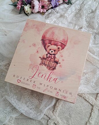KUFEREK  miś w baloniku pojemnik drewniany metryczka urodzenia, LOO LOO DREAM