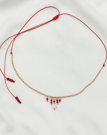 Naszyjnik czerwony sznurek z różową perłą, lulukalina