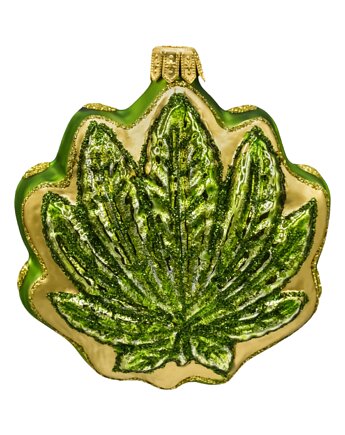 Bombka choinkowa: Zielony liść konopi z brokatem: złoty, Syn Bombkarza