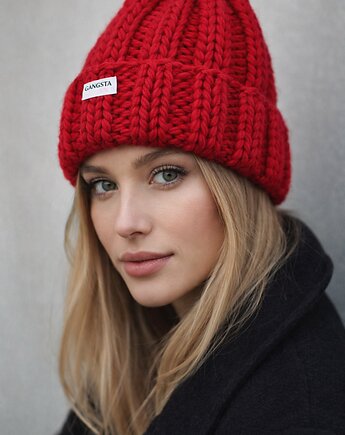 Gruba wełniana czapka beanie 100% wełna kolor świąteczny czerwony, GANGSTA KNIT