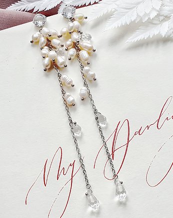 Perłowe kolczyki pozłacane ślubne ESPANA CHAINS LONG, PiLLow Design