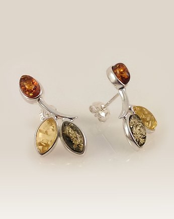 Srebrne kolczyki z bursztynem liść 24x12mm, ZaNa Design