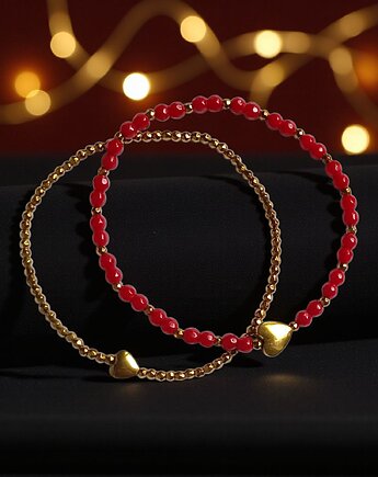 Komplet czerwono-złoty : bransoletki z serduszkami : na prezent, kaktusia