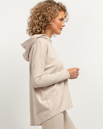 Szeroka bluza z kapturem T379, jasnobeżowa, TESSITA
