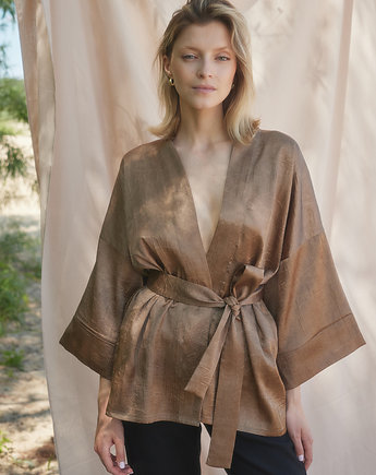 Złote jedwabne Kimono luźne lub z paskiem 50% jedwab, 50% wiskoza, TRUE COLOR by Ann