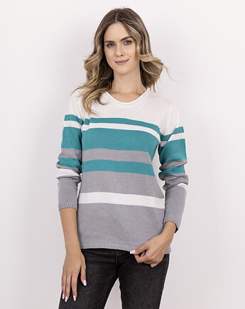 Sweter w paski z ciekawym dekoltem - SWE343 szary/ecru/zielony MKM, MKMswetry
