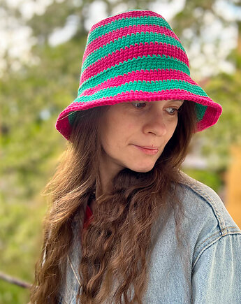 Bawełniany letni kapelusz w różowo zielone paski, Made by Jaga