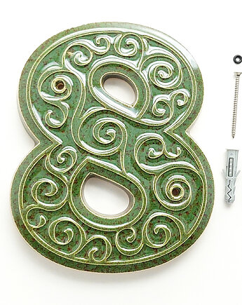 Numer domu, cyfra 8 zielono-brązowa, do przykręcenia, pracowniazona