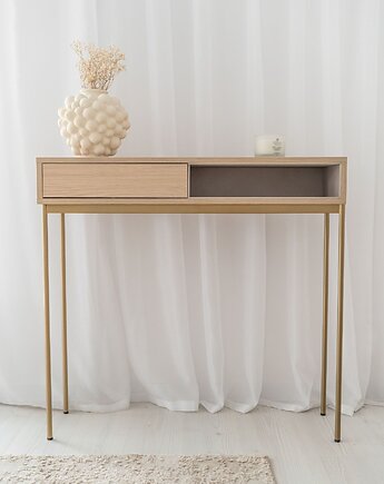 NOVA - przyścienna wąska konsola z szufladą i praktyczną wnęką., Papierówka Simple form of furniture