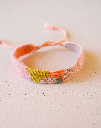 Kolorowa bransoletka tkana z muliny i włóczki na sznurku, Słońcem Tkane