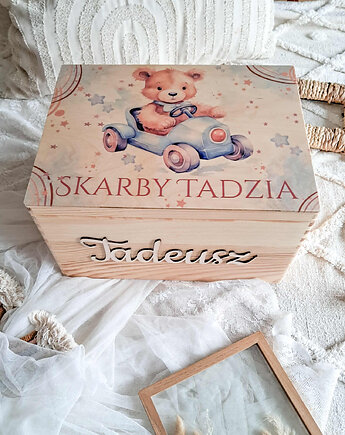 DREWNIANE PUDEŁKO WSPOMNIEŃ MIŚ metryczka urodzenia na chrzest roczek, LOO LOO DREAM
