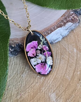 Złoty wisiorek prawdziwe kwiaty zawieszka różowa rośliny czarna, zkwiatem