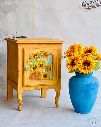 Ręcznie malowana szafka inspirowana malarstwem, słoneczniki, ceramiczna gałka, Monique Art
