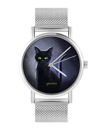 Zegarek - Czarny kot, noc 2 - bransoleta mesh, yenoo