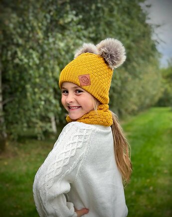 ZESTAW: bawełniana czapka dla dziecka z dwoma pomponami i komin Musztarda, Brain Inside