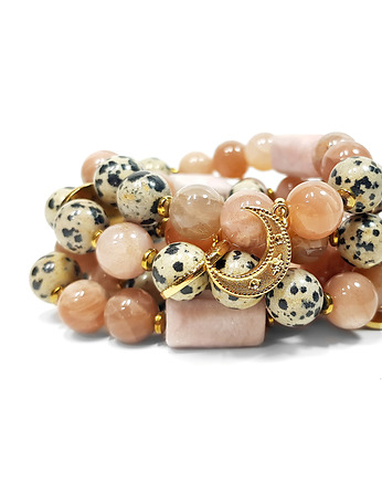 Bransoletka kamień słoneczny, jaspis dalmatyńczyk, opal różowy i księżyc, OSOBY - Prezent dla dziewczynki