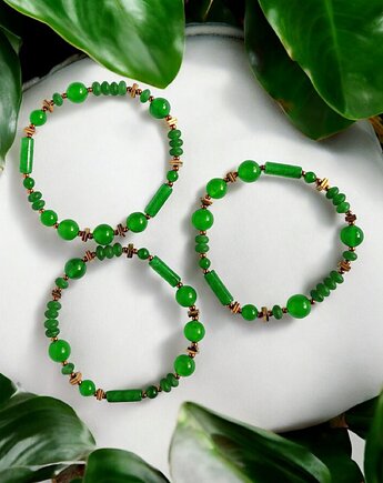 SUMMER green : bransoletka na gumce : jadeit zielony, złoty hematyt, kaktusia