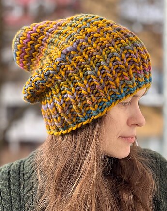 Czapka z merynosa 100%  żółta w paseczki, Made by Jaga