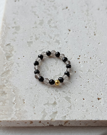 Pierścionek elastyczny Kwarc Dymny i Onyks, Chmolowska Jewellery