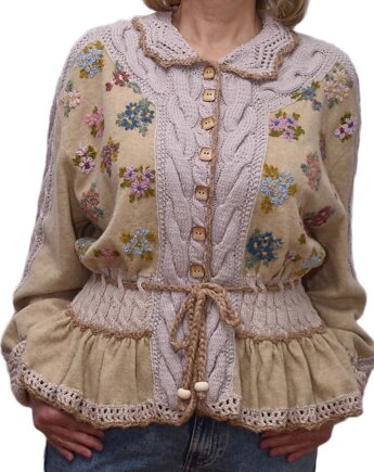 Beżowy kardigan z haftami i falbanką / rozmiar L/XL, Z drugiej nitki