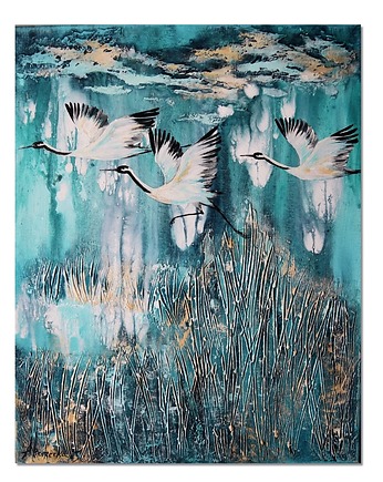 Żurawie 28 ptaki obraz do salonu malowany na płótnie, Galeriai
